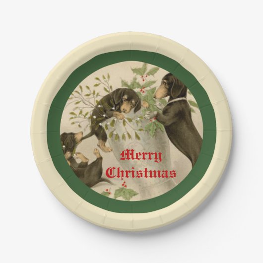  spelen teckel honden kerstvakantie papieren bordje (Voorkant)