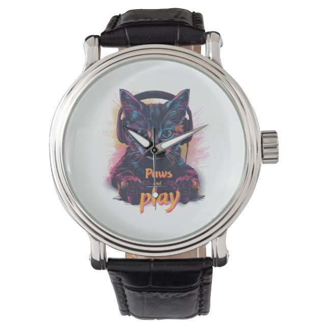 Spelende Kat Niveau Omhoog Horloge (Voorkant)