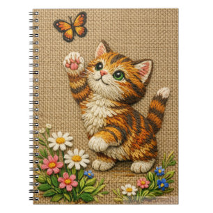 Spelende tabby kat met vlinderborduurwerk notitieboek