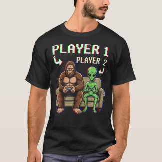 Speler 1 Speler 2 Bigfoot Alien Videospel T-shirt