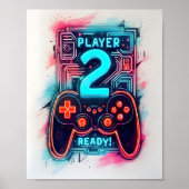 Speler 2 Ready Neon Gamer Art Poster (Voorkant)