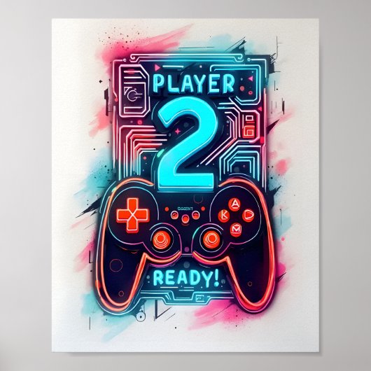 Speler 2 Ready Neon Gamer Art Poster (Voorkant)