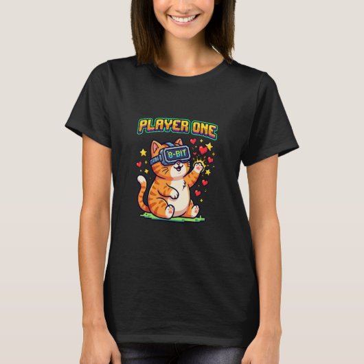 Speler Eén 8-Bit VR Gamer Kat T-shirt (Voorkant)