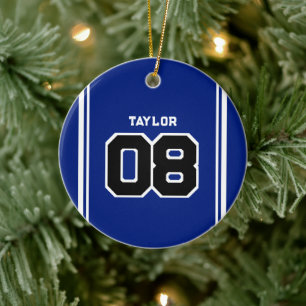 Speler Jersey Nummer Naam Blauw & Wit Kerstmis Keramisch Ornament