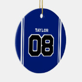 Speler Jersey Nummer Naam Blauw & Wit Kerstmis Keramisch Ornament (Rechts)