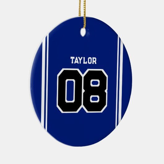 Speler Jersey Nummer Naam Blauw & Wit Kerstmis Keramisch Ornament (Rechts)