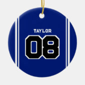 Speler Jersey Nummer Naam Blauw & Wit Kerstmis Keramisch Ornament (Voorkant)