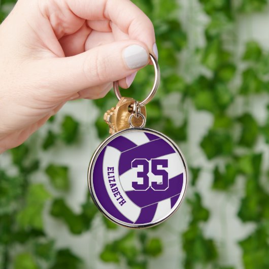 Speler naam paarse witte team kleuren volleybal sleutelhanger (Hand)