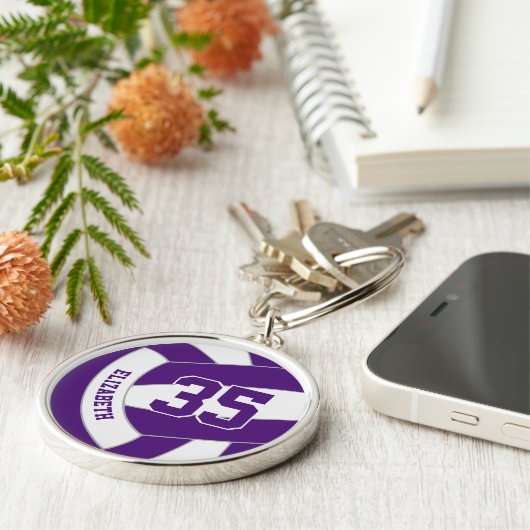 Speler naam paarse witte team kleuren volleybal sleutelhanger (Zijkant)