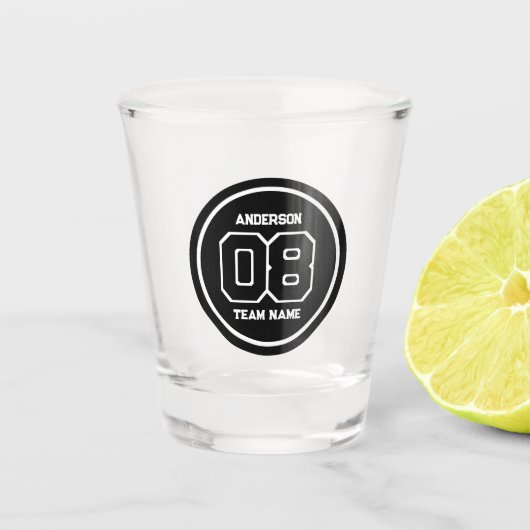 Speler Team Jersey Nummer Naam Zwart & Wit Shot Glas (Voorkant)