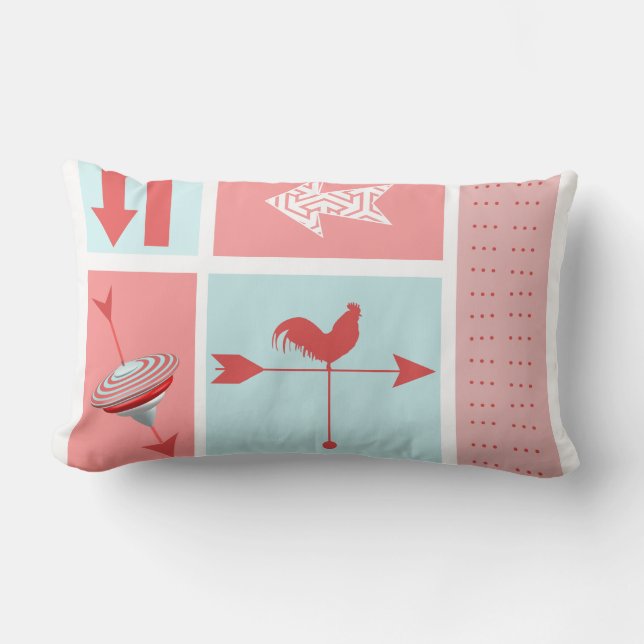 Spelkamer Mid-Century Aqua Red Rooster Kleurenblok Kussen (Voorkant)