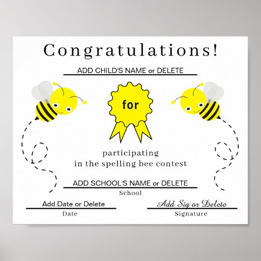 Spelling Bee Deelnemer Certificaat voor Kinderen Poster (Voorkant)