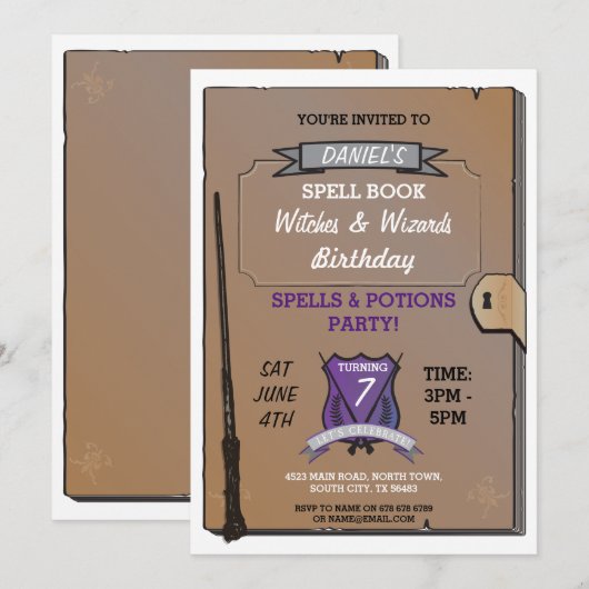 Spellingboek Wizards Witches Verjaardagsfeest Uitn Kaart (Voorkant / Achterkant)