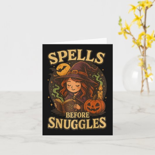 Spells Before Snuggles Witch Halloween lezen Fal Kaart (Gele Bloem)