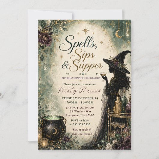Spells Sips & Supper Verjaardagsdiner Feest Kaart (Voorkant)