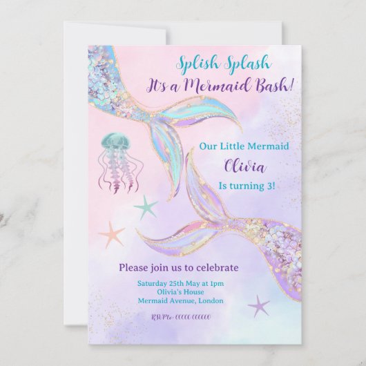 Spetter Spat Het Is Een Mermaid Bash Uitnodiging (Voorkant)
