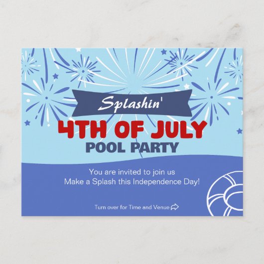 Spetterende 4 juli zwembadfeest uitnodiging briefkaart (Voorkant)