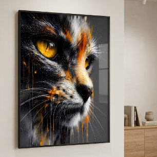 Spetterkunst Kat Portret Levendig Oranje & Grijs  Poster