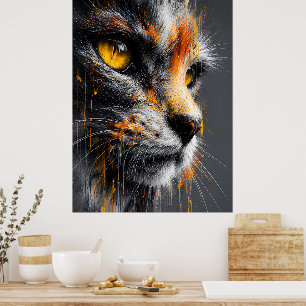 Spetterkunst Kat Portret Levendig Oranje & Grijs  Poster