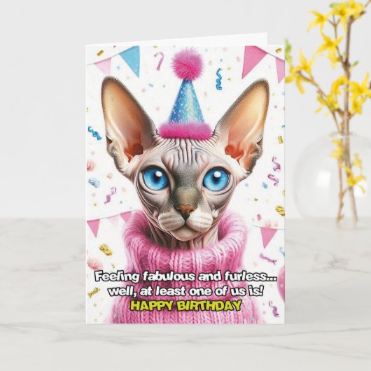 Sphinx Cat in gebreide Jumper Verjaardag Kaart (Gele Bloem)