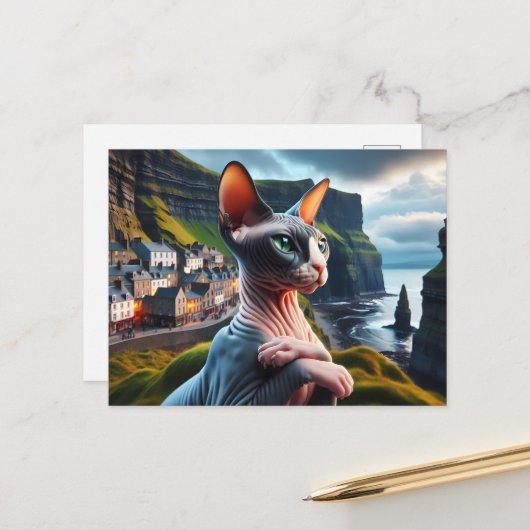 Sphynx Cat Art Cliffs of Moher Ireland Briefkaart (Voorkant / Achterkant in situ)