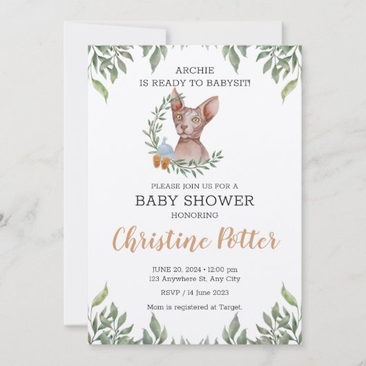 Sphynx Cat Boy Boho Greenery Baby shower Kaart (Voorkant)