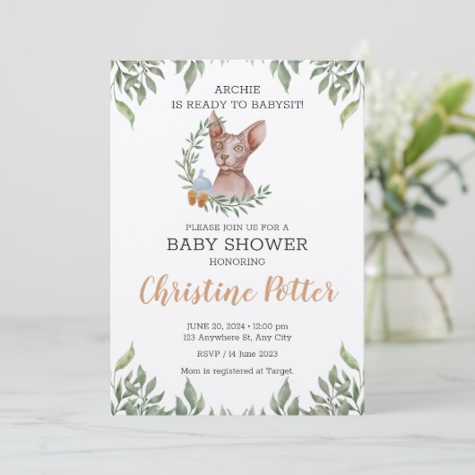 Sphynx Cat Boy Boho Greenery Baby shower Kaart (Staand voorkant)