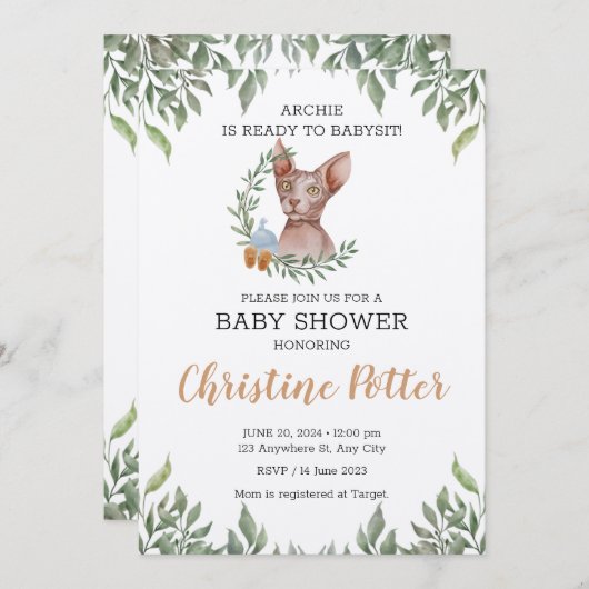 Sphynx Cat Boy Boho Greenery Baby shower Kaart (Voorkant / Achterkant)