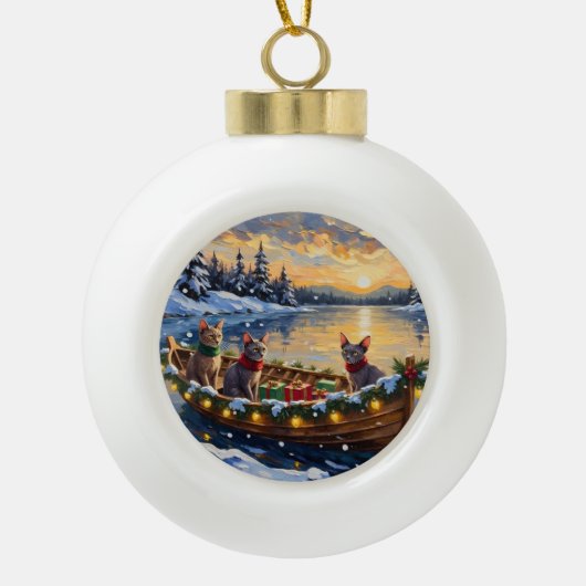 Sphynx Cat Christmas Boat Holiday Keramische Bal Ornament (Voorkant)