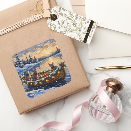 Sphynx Cat Christmas Boat Holiday Vierkante Sticker (Geschenken)