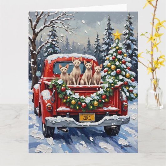 Sphynx Cat Christmas Red Truck Holiday Kaart (Gele Bloem)