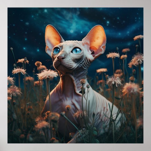 Sphynx Cat Gazing Sky – Vibrant Floral Art Poster (Voorkant)
