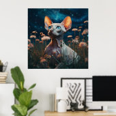 Sphynx Cat Gazing Sky – Vibrant Floral Art Poster (Thuiskantoor)