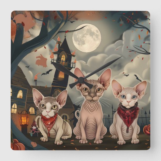Sphynx Cat Halloween Spooky Vierkante Klok (Voorkant)
