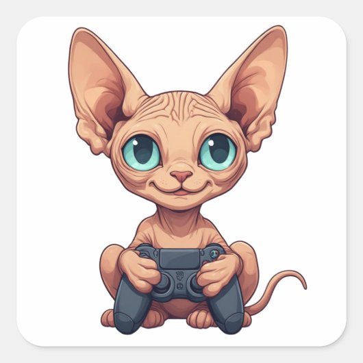 Sphynx Cat Holding Game Controller Vierkante Sticker (Voorkant)