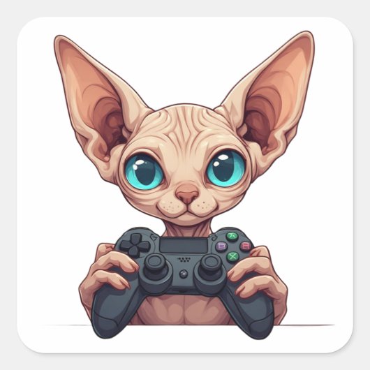 Sphynx Cat Holding Game Controller Vierkante Sticker (Voorkant)