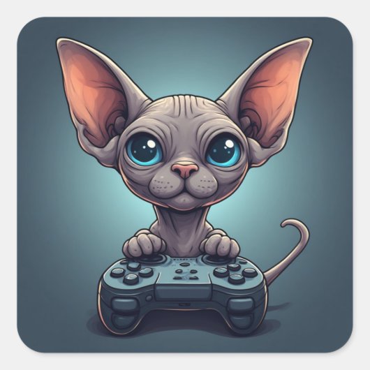 Sphynx Cat Holding Game Controller Vierkante Sticker (Voorkant)