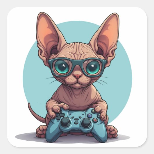 Sphynx Cat Holding Game Controller Vierkante Sticker (Voorkant)