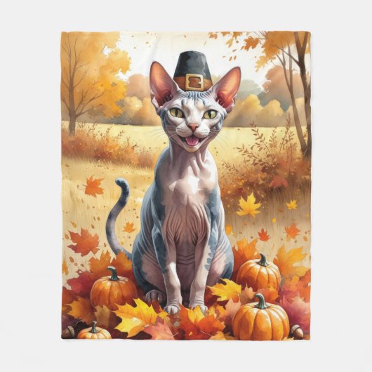 Sphynx Cat in Autumn verlaat Thanksgiving Fleece Deken (Voorkant)