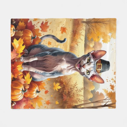 Sphynx Cat in Autumn verlaat Thanksgiving Fleece Deken (Voorkant (Horizontaal))