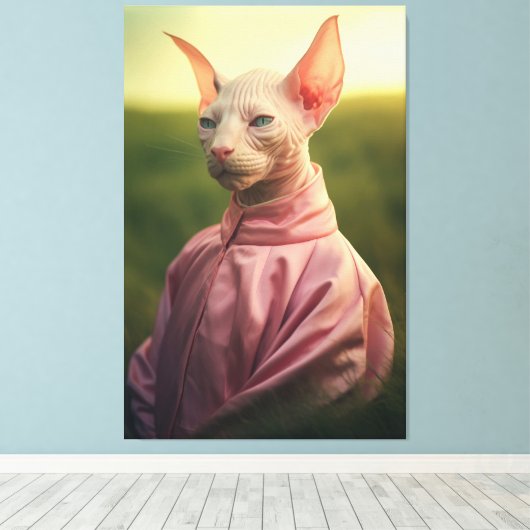 Sphynx Cat in Outfit – Vibrant Nature Scene Canvas Afdruk (Insitu (Houten vloer))