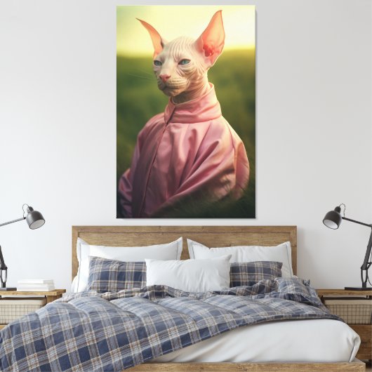 Sphynx Cat in Outfit – Vibrant Nature Scene Canvas Afdruk (Insitu (Slaapkamer))