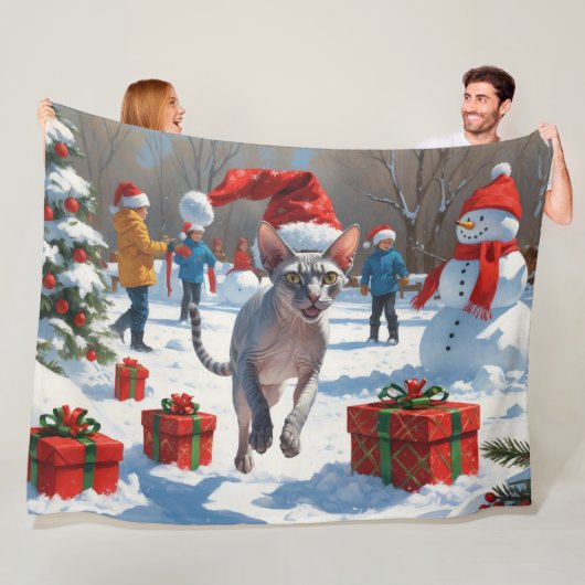 Sphynx Cat Running in Snow met kerst Pet Fleece Deken (In situ)