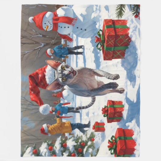 Sphynx Cat Running in Snow met kerst Pet Fleece Deken (Voorkant)