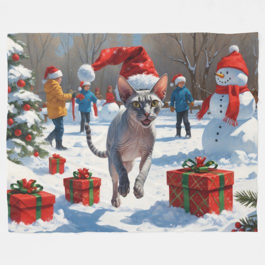 Sphynx Cat Running in Snow met kerst Pet Fleece Deken (Voorkant (Horizontaal))