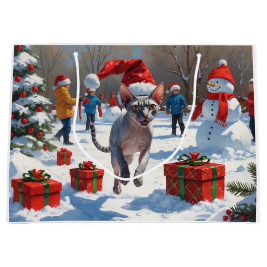 Sphynx Cat Running in Snow met kerst Pet Groot Cadeauzakje (Voorkant)