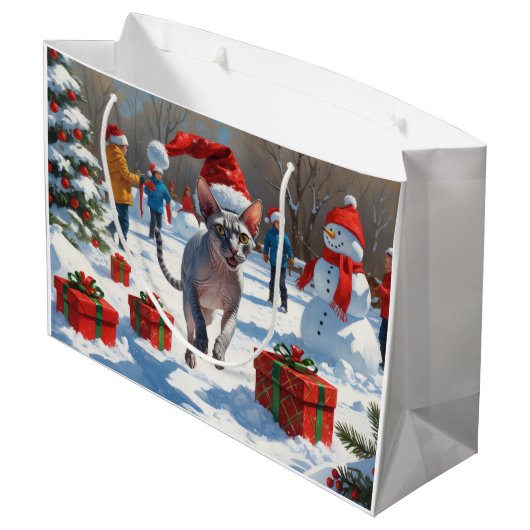 Sphynx Cat Running in Snow met kerst Pet Groot Cadeauzakje (Achterkant Gekanteld)