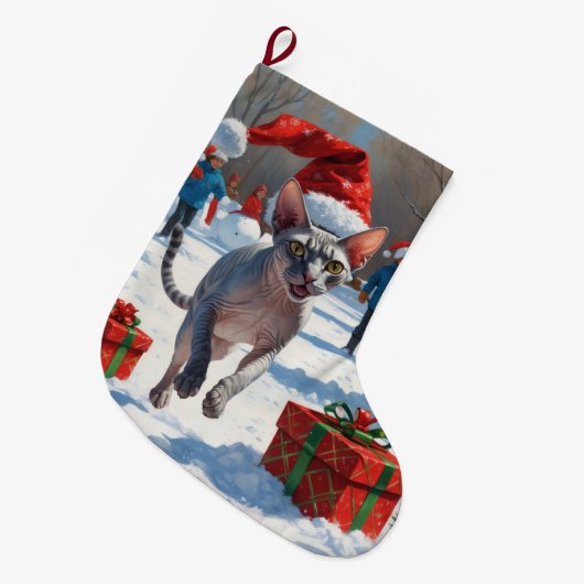 Sphynx Cat Running in Snow met kerst Pet Grote Kerstsok (Voorkant (Hangend))