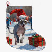Sphynx Cat Running in Snow met kerst Pet Grote Kerstsok (Voorkant)