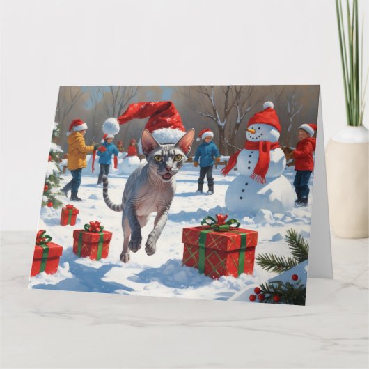 Sphynx Cat Running in Snow met kerst Pet Kaart (Voorkant)